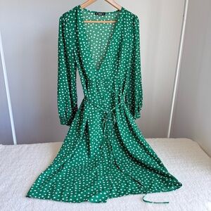 Shein Green Polka Dot Long Sleeve Wrap Sundress, Small